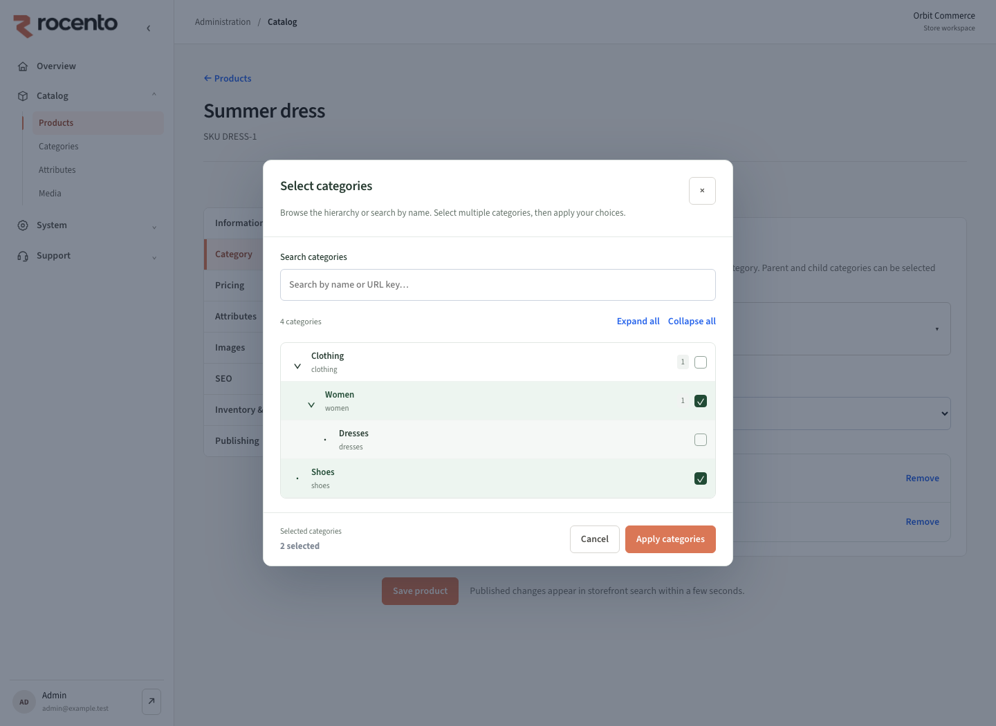Product category picker with Women and Shoes selected in the category tree.