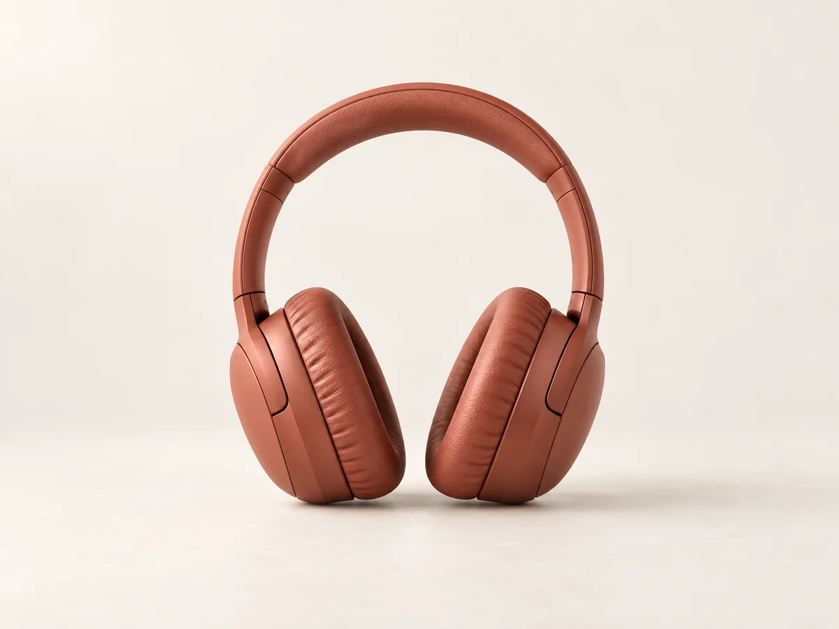 Terracotta over-ear headphones on a softly lit ivory background