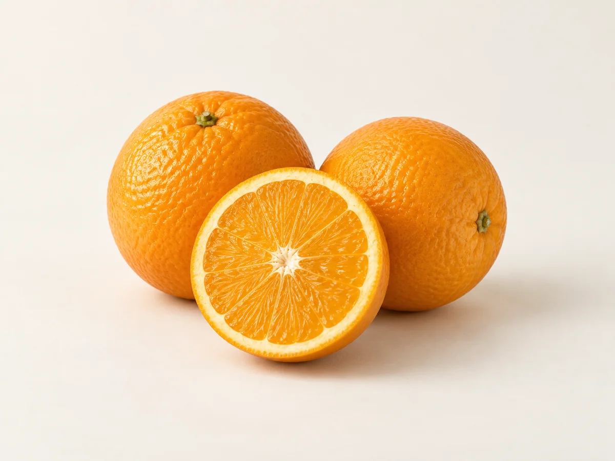 Whole and sliced fresh oranges on a softly lit ivory background