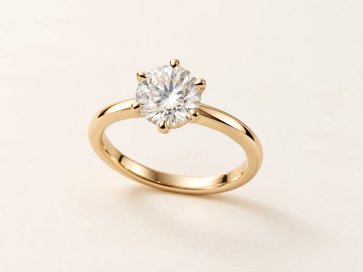 Gold solitaire diamond ring on a softly lit ivory background