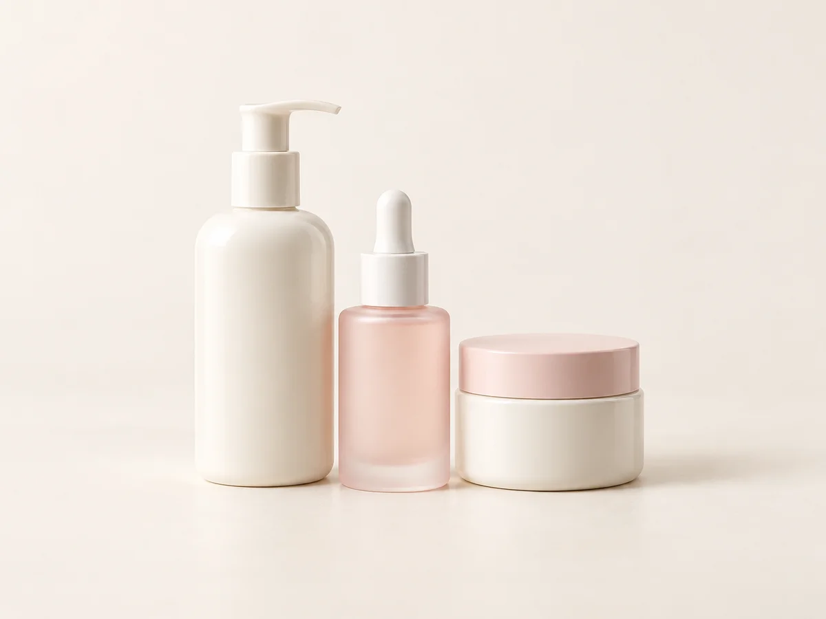 Ivory and soft blush skincare bottles and cream jar on a warm ivory background